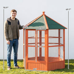 PawHut 69" Wooden Hexagonal Outdoor Aviary Flight Bird Cage With Covered Roof, Brown