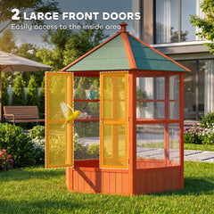 PawHut 69" Wooden Hexagonal Outdoor Aviary Flight Bird Cage With Covered Roof, Brown