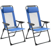 Outsunny Folding Patio Dining Chairs Set of 2, Outdoor Deck Chair with Removable Headrest, Camping Chair with Adjustable Sling Back for Garden, Backyard, Lawn, Blue