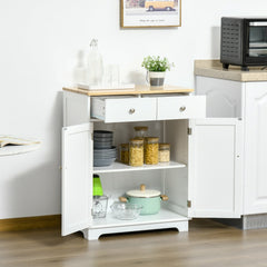 HOMCOM Kitchen Storage Cabinet, Sideboard Floor Cupboard with Solid Wood Top, Adjustable Shelf, and 2 Drawers for Living Room, and Hallway, White