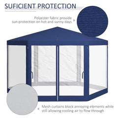 Outsunny 13' x 11' Outdoor Party Tent, Hexagon Sun Shade Shelter Canopy w/ Protective Mesh Screen Sidewalls, Ropes & Stakes, Blue