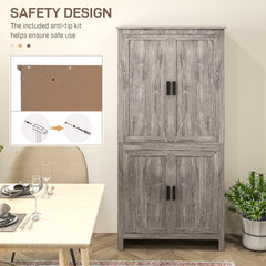 HOMCOM 64" 4-Door Kitchen Pantry, Freestanding Storage Cabinet with 3 Adjustable Shelves for Kitchen, Gray Oak