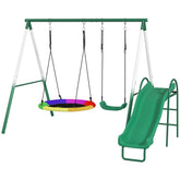 Qaba Metal Swing Set with Slide, Saucer Swing Seat, Heavy Duty A-Frame Stand and Adjustable Rope for Backyard, Dark Green