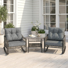 Outsunny 3 Piece Outdoor PE Rattan Rocker Chair Set, Rocking Chair with Tempered Glass Table Top, Gray