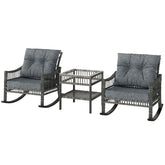 Outsunny 3 Piece Outdoor PE Rattan Rocker Chair Set, Rocking Chair with Tempered Glass Table Top, Gray