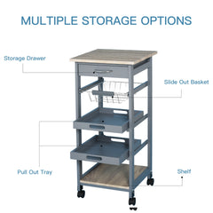 HOMCOM Mobile Kitchen Cart, Rolling Kitchen Island with Storage, Solid Wood Frame Utility Cart with Wire Fruit Baskets, Trays and Drawer, Gray