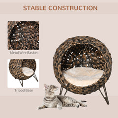 PawHut 20.5" Weaved Cat Bed, Elevated Hand-woven Braided Banana Leaf Kitten House Condo with Cushion, Brown