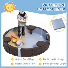 Qaba 47" Round Kids Sandbox with Cover, 3 Seats, Waterproof Bottom Liner, for Backyard, Lawn, Garden, Beach, Patio, Brown