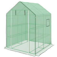 Outsunny 4.6' x 4.7' Portable Greenhouse, Water/UV Resistant Walk-In Small Outdoor Green House with 2 Tier U-Shaped Flower Rack Shelves, Roll Up Door & Windows, Green