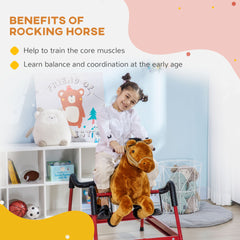 Qaba Kids Spring Rocking Horse, Ride on Horse for Girls and Boys with Animal Sounds, Plush Animal Ride-on Toy with Soft Feel, Interactive Toy for Kids, Light Brown