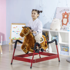 Qaba Kids Spring Rocking Horse, Ride on Horse for Girls and Boys with Animal Sounds, Plush Animal Ride-on Toy with Soft Feel, Interactive Toy for Kids, Light Brown