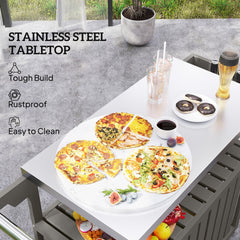 Outsunny Outdoor Bar Cart with Storage, Stainless Steel Outdoor Bar Table Top, Wheeled HDPE Kitchen Island for Food Prep, Gray