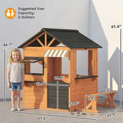 Qaba Wooden Kids Playhouse with Play Kitchen, Picnic Bench, Serving Station, Windows and Door for Backyard, Ages 3–8, Brown