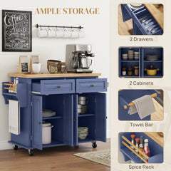 HOMCOM Kitchen Island on Wheels, Rolling Cart with Rubberwood Top, Spice Rack, Towel Rack and Drawers, Navy Blue
