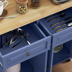 HOMCOM Kitchen Island on Wheels, Rolling Cart with Rubberwood Top, Spice Rack, Towel Rack and Drawers, Navy Blue