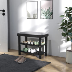 HOMCOM Bamboo Shoe Storage Bench, 3-Tier Entryway Bench with Cushion, Shoe Organizer for Entryway, Hallway, Black