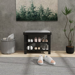 HOMCOM Bamboo Shoe Storage Bench, 3-Tier Entryway Bench with Cushion, Shoe Organizer for Entryway, Hallway, Black