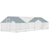 PawHut Metal Chicken Coop, 26' x 10' x 6.4' Large Chicken Run with Feeding Door, Waterproof Cover, Hanging Feeder, Perch