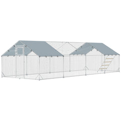 PawHut Metal Chicken Coop, 26' x 10' x 6.4' Large Chicken Run with Feeding Door, Waterproof Cover, Hanging Feeder, Perch