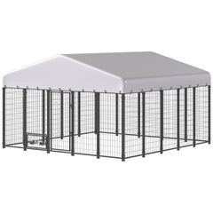 PawHut 9.8' x 9.8' x 6' Outdoor Dog Kennel, Dog Kennel Outside Run with 360° Rotating Bowls, Waterproof & UV Resistant Cover