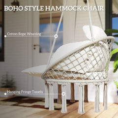 Outsunny Hammock Swing Chair, Macrame Hanging Chair with Large Cushion, Chain, Steel Frame for Indoor Outdoor Use, Cream White