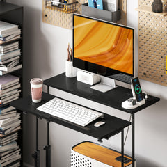 HOMCOM Adjustable Standing Desk with Power Outlets, Stand Up Desk with Tiltable Tabletop, Wheels, Shelf, for Home Office, Black