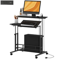 HOMCOM Adjustable Standing Desk with Power Outlets, Stand Up Desk with Tiltable Tabletop, Wheels, Shelf, for Home Office, Black