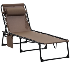 Outsunny Folding Chaise Lounge Chair Outdoor, Sun Tanning Chair with Side Pocket, Carrying Strap, Portable Patio Beach Lounger with 5-Position Reclining Back, Headrest for Pool, Camping, Yard, Brown