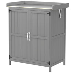 Outsunny Outdoor Storage Cabinet, Garden Tool Shed with Metal Tabletop and Shelf, Wooden Potting Bench with 2 Doors, Gray