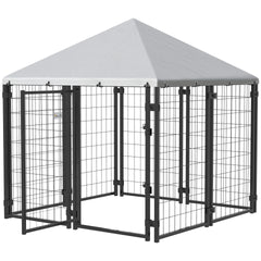 PawHut Lockable Dog House Kennel with Water-resistant Roof for Small and Medium Sized Pets, 4.7' x 4.7' x 5.1', Silver