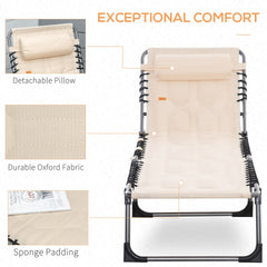 Outsunny Padded Folding Chaise Lounge Chair, Outdoor 6-Level Reclining Camping Tanning Chair with Headrest for Beach, Yard, Patio, Pool, Beige