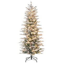 HOMCOM 6' Pre Lit Artificial Flocked Christmas Trees, with Snow Branches, Warm Yellow Clear Lights, Auto Open, Extra Bulb