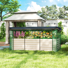 Outsunny Galvanized Steel Planter Box with Crop Cage and Shade Cloth, Raised Garden Bed for Flowers, Veggies and Herbs, Beige