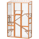 PawHut Outdoor Catio Cat Enclosure, Large Wooden Cat House with 6 Jumping Platforms, Scratching Post, 2 Ramps, for 2-3 Kittens