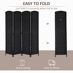 HOMCOM Room Divider 4 Panel, 6FT Tall Folding Privacy Screen, Freestanding Hand-Woven Partition for Room Separation with 360° Hinges, Paper Rope Diamond Weave, Black