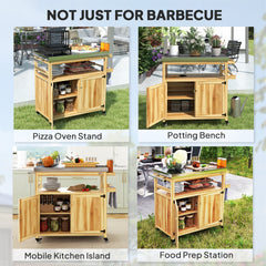 Outsunny Outdoor Grill Cart w/ Stainless Steel Top, Solid Wood Outdoor Kitchen Island w/ Wheels, Storage Cabinets, Natural Wood