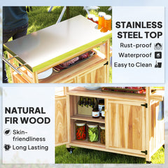 Outsunny Outdoor Grill Cart w/ Stainless Steel Top, Solid Wood Outdoor Kitchen Island w/ Wheels, Storage Cabinets, Natural Wood