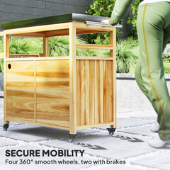 Outsunny Outdoor Grill Cart w/ Stainless Steel Top, Solid Wood Outdoor Kitchen Island w/ Wheels, Storage Cabinets, Natural Wood