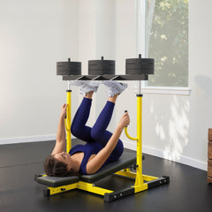 Soozier Vertical Leg Press Machine with Adjustable Leg, Back, and Head Positions, 1" Standard Plate Compatible, Yellow