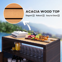 Outsunny Outdoor Storage Cabinet with Acacia Wood Top, Two Doors, Shelf, Wicker Bar Table for Pool Towel Storage, Brown