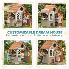 Qaba Outdoor Playhouse, Wooden Kids Playhouse with Dog Door, Cookware, Blackboard, Clock, Tic-Tac-Toe Roller for Backyard