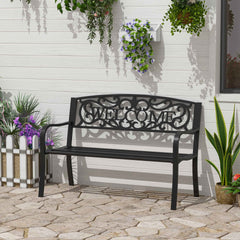 Outsunny 50" 2-Person Garden Bench Loveseat with Cast Iron Decorative Welcome Vines, Outdoor Patio Bench for Backyard, Porch, Entryway