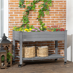 Outsunny 47" x 21" Raised Garden Bed Elevated Wooden Planter Box w/ Lockable Wheels, Storage Shelf for Backyard, Dark Gray
