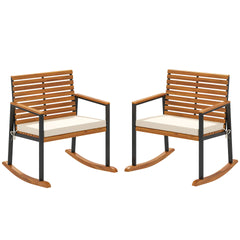 Outsunny Acacia Wood Outdoor Lawn Rocking Chair Set of 2, Outdoor Patio Rocking Chairs with Armrests, Cushion, Cream White