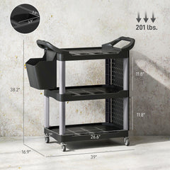 HOMCOM 3-Tier Rolling Tool Cart, 200 LBS Capacity Plastic Utility Cart with Side Shelf and Bucket, Black and Light Gray