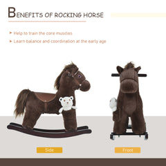 Qaba Kids Rocking Horse with Bear Toy, Plush Animal Rocker with Fun Realistic Sounds for Toddler 18-36 Months, Brown