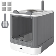 PawHut Cat Litter Box with Lid, Enclosed Litter Box for Medium Cats, Front-Entry and Top-Exit, Scoop, Deodorizer Bag, White