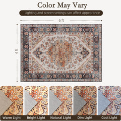 HOMCOM Area Rug 4x6, Machine Washable Rug, Non-Slip Boho Print Pattern Medallion Carpet for Living Room, Bedroom, Tawny Brown