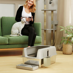 PawHut High Sided Stainless Steel Litter Box with Metal Scoop & Scoop Holder, for Easy Clean& Anti-Urine Leakage, Light Gray