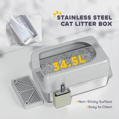 PawHut High Sided Stainless Steel Litter Box with Metal Scoop & Scoop Holder, for Easy Clean& Anti-Urine Leakage, Light Gray